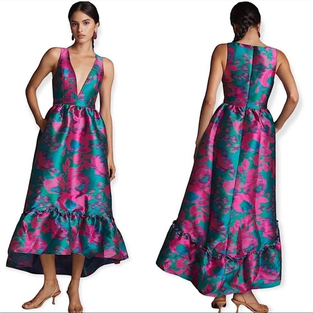 Hutch Teal and Fuchsia Floral High-Low Satin Dress